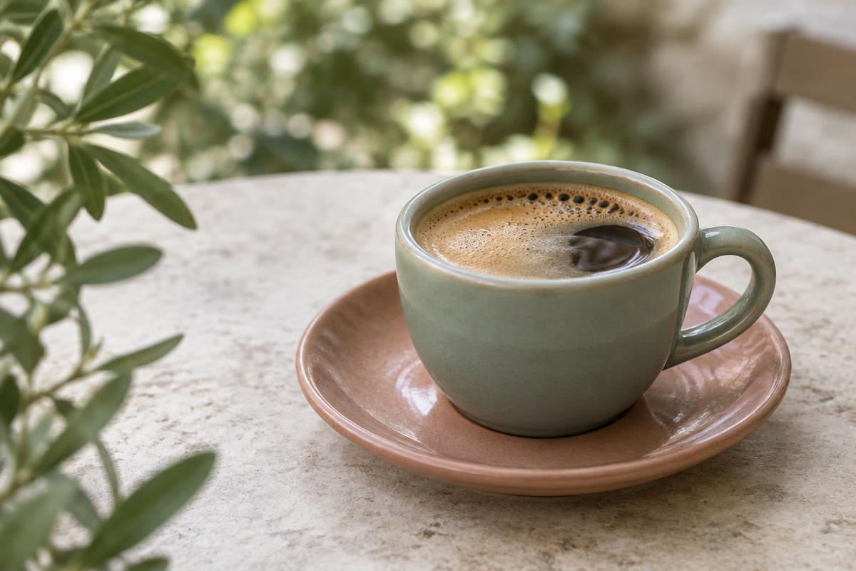 Xícara verde de café em um pires terracota, com plantas ao redor
