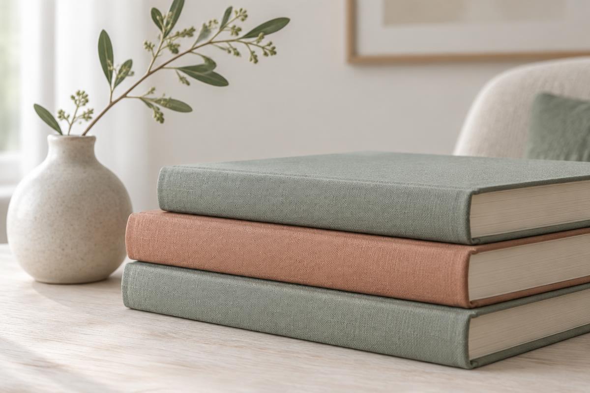Livros em tons verde-sálvia e terracota ao lado de um vaso com ramo verde