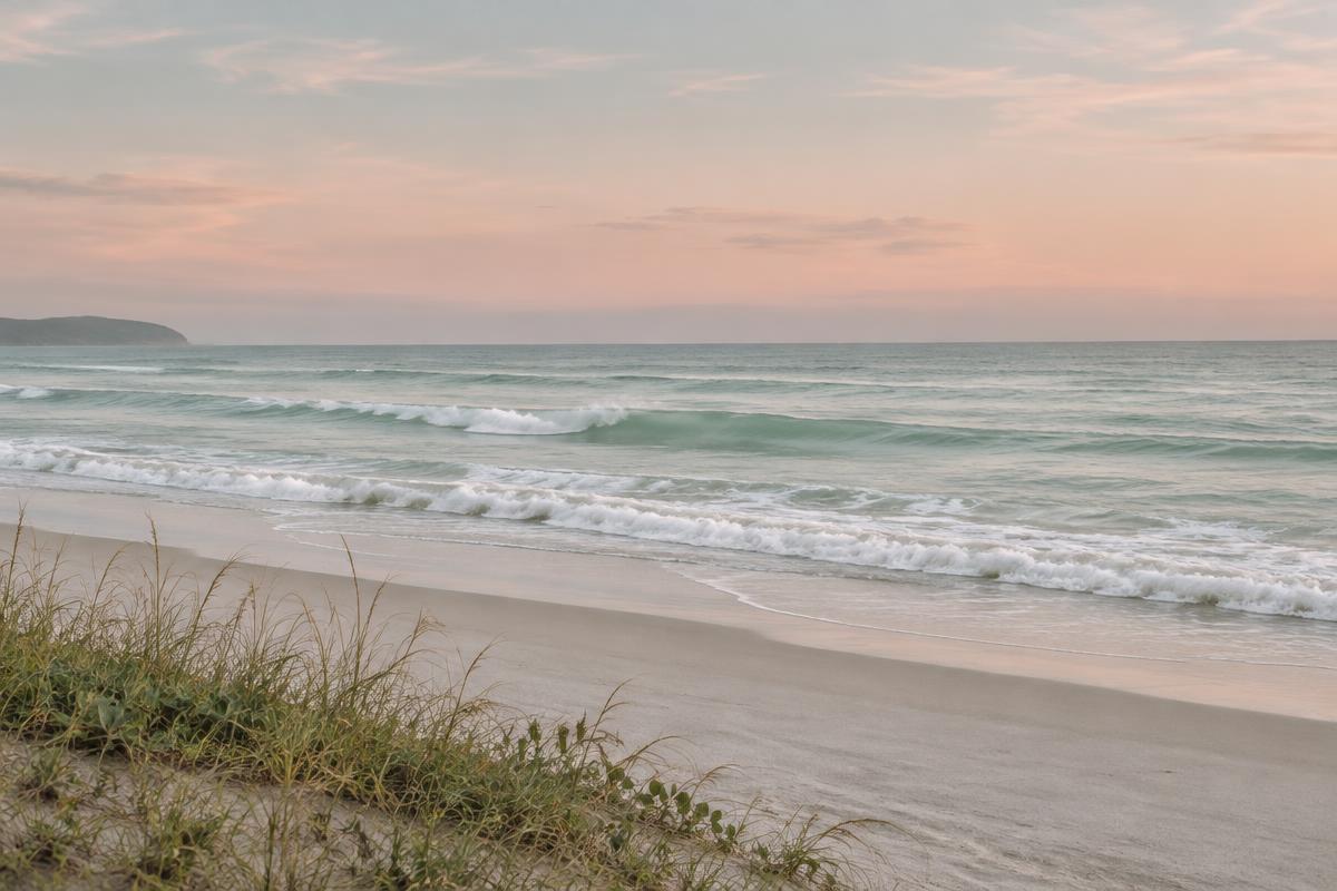 Praia tranquila com ondas suaves e céu em tons rosados