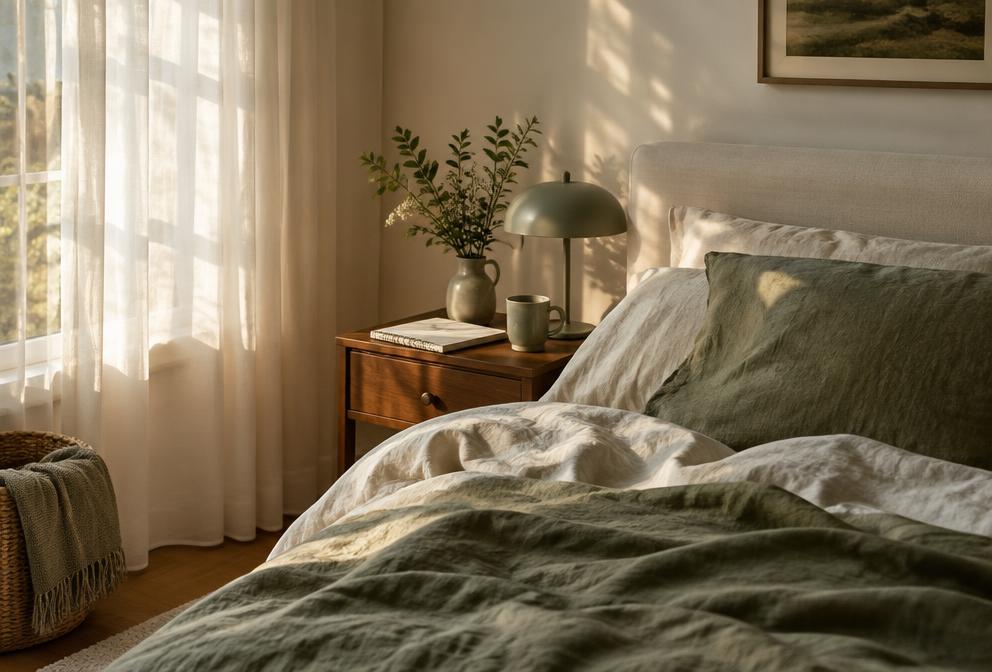 Quarto sereno ao amanhecer, com luz suave atravessando a cortina