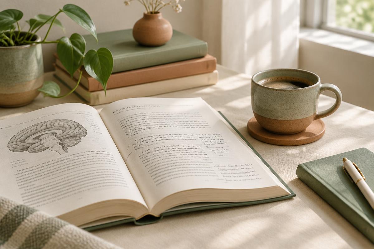 Livro aberto e café em uma mesa iluminada, com detalhes verde-sálvia e terracota